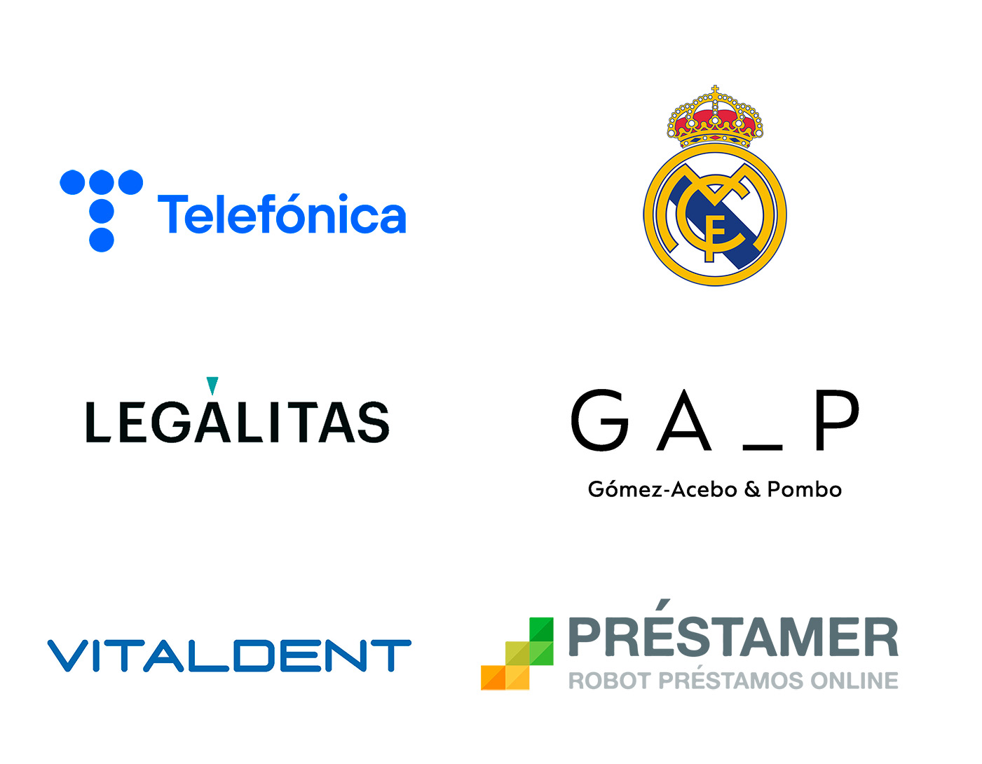 Cuadro de imagen de referencia de los logotipos de marcas reconocidas; de izquierda a derecha: telefonica, real madrid, GA_P, Vitalcent, prestamer.