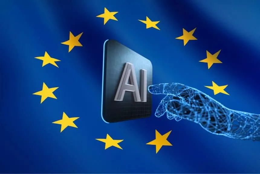 Logo AI sobre bandera de la union europea
